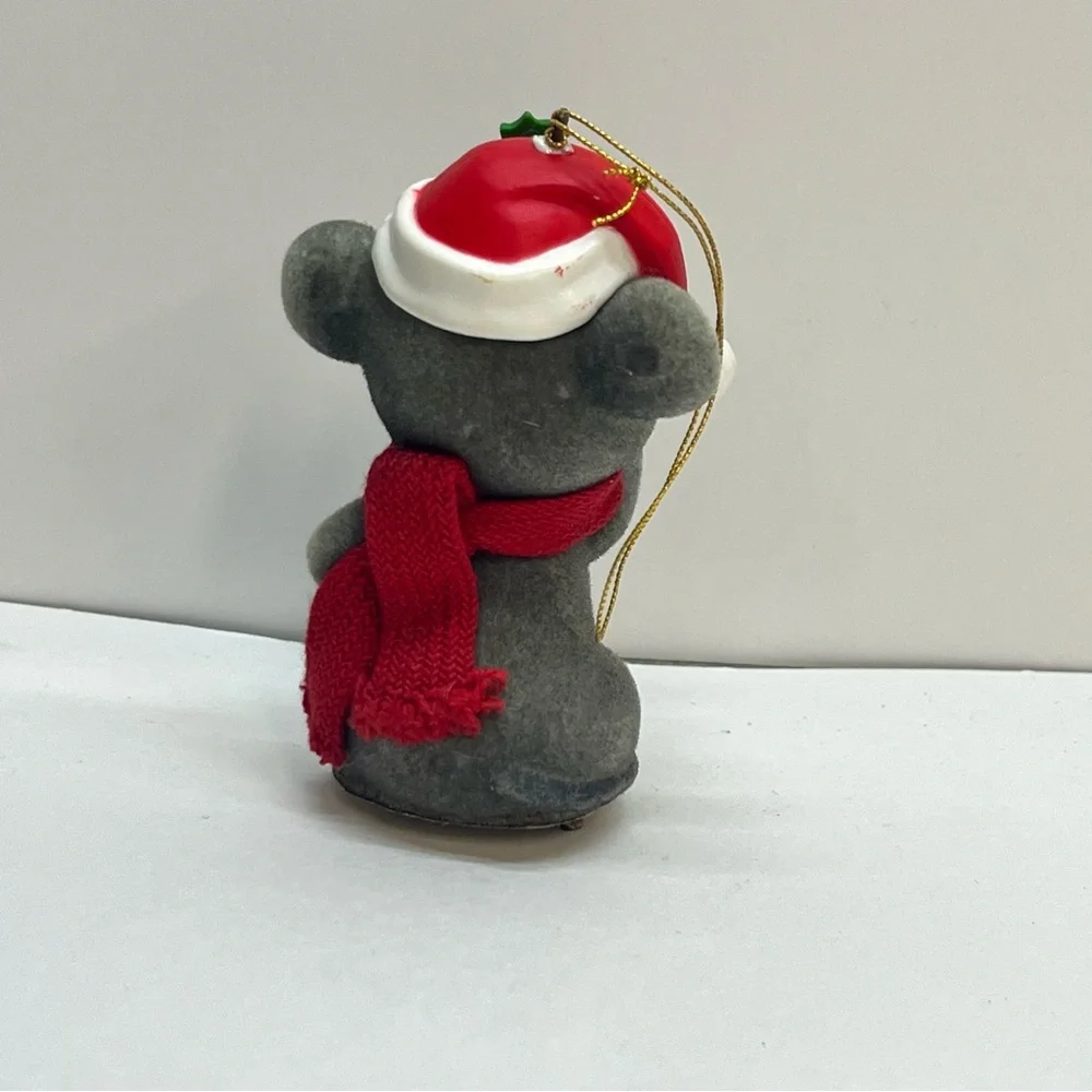 vintage flocked mouse christmas ornament‎ santa hat horn 3 inch